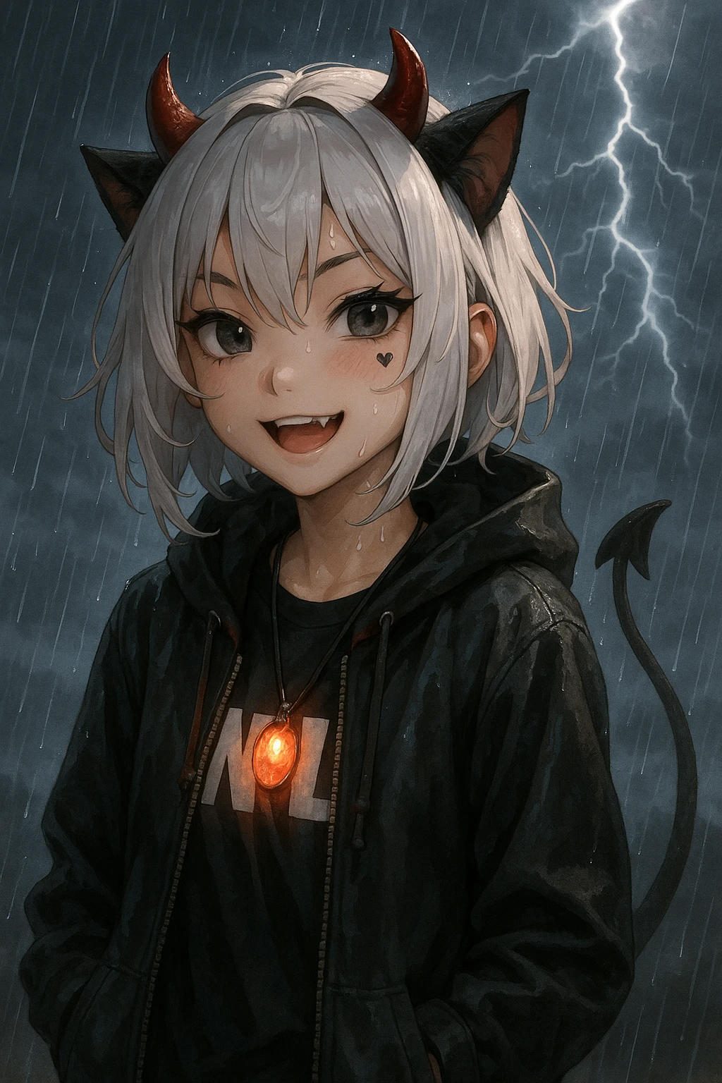 realistic anime style devil catgirl with small red horns, short white hair, streetwear, glowing amulet, rain and thunder background, heart tattoo under eye, playful expression emoji