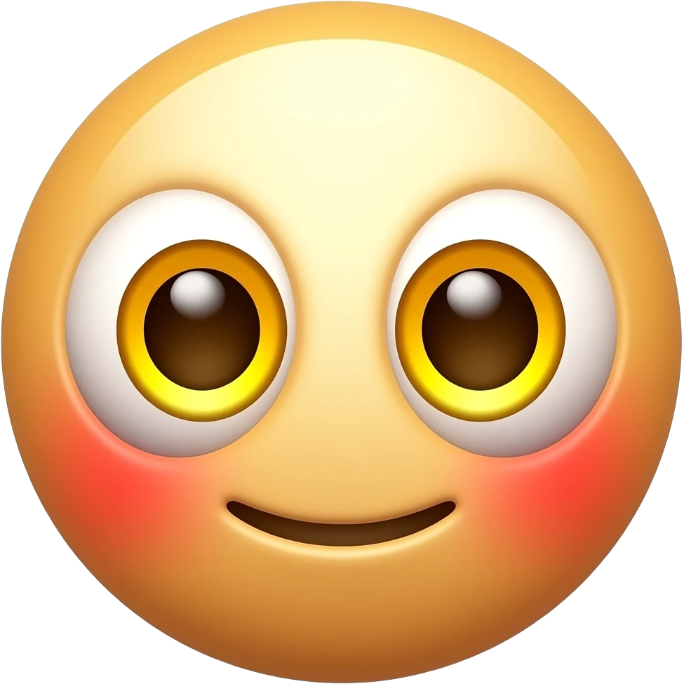 새빨간 얼굴의 홍조를 하고 있는. 노란 눈알  갈색 동공.   귀여운   만화 입체적 이모티콘 emoji