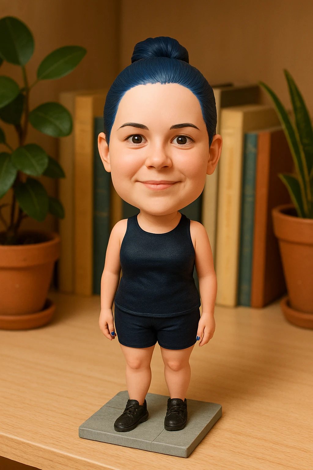 Woman with dark blue hair and blue fingernails standing on a sidewalk emoji