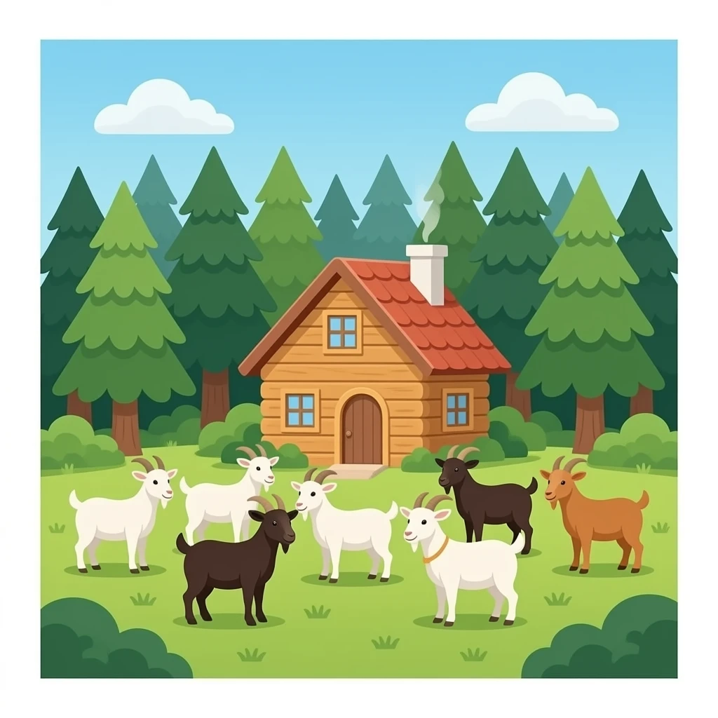 Azme una casa en madio del bosque, haz que tenga un estilo rustico (todo de madera) y pequeña. A delante haz ocho cabras emoji