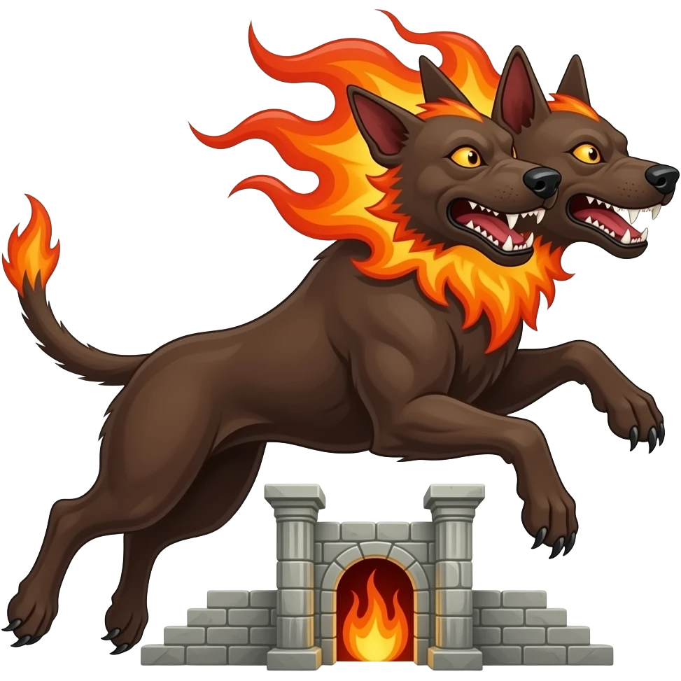 cinematic - cerberus, a three-headed evil flaming dog - jumping - that guards the gates of the underworld emoji