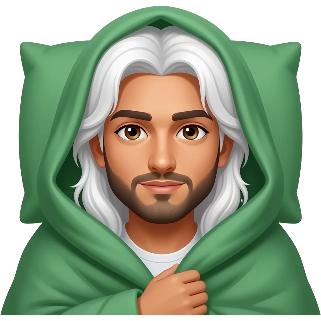 Darker Pakistani, brown eyes, Snuggled beneath blankets around head, Medium dark, olive, Really long white hair past the shoulders, tanned, clean-shaven young man with long white hair covered in like green duvet in bed emoji