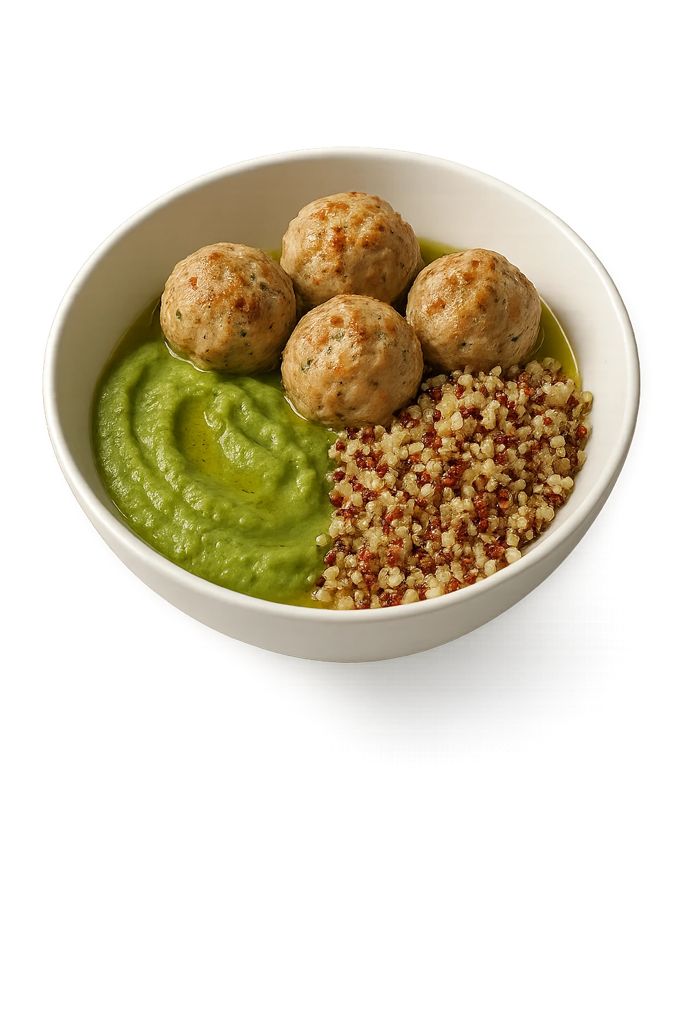 bowl bianca fluttua in aria con polpette di tacchino, purè di zucchine, quinoa e olio di oliva, iperrealistico 4k emoji