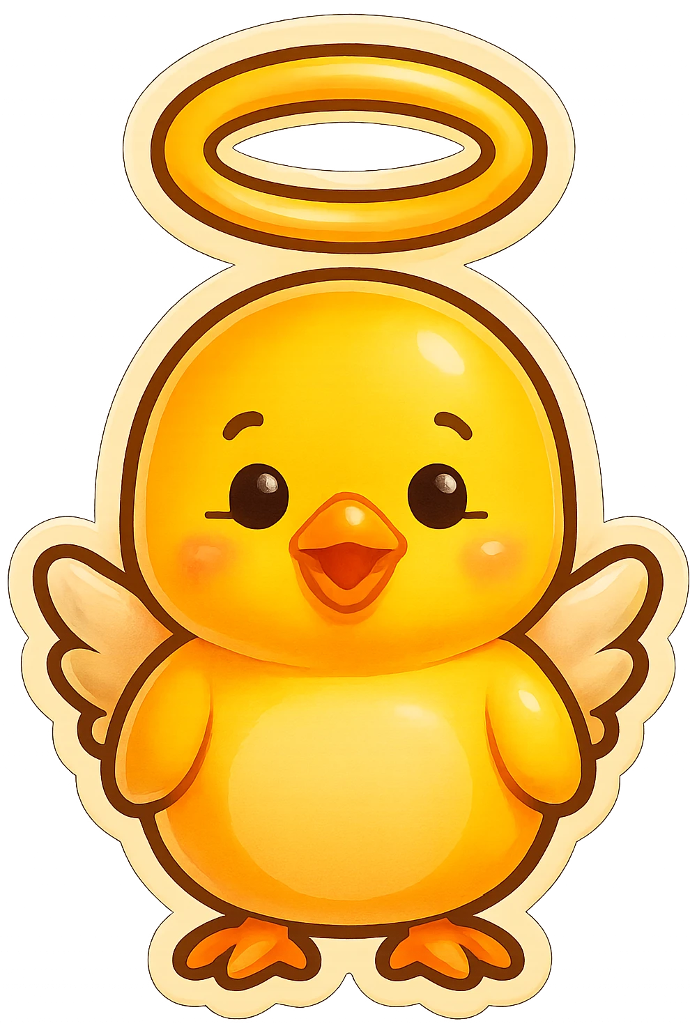 Make the halo much bigger and floating high above the baby chick's head, like a saint, keep the style and transparent background. emoji