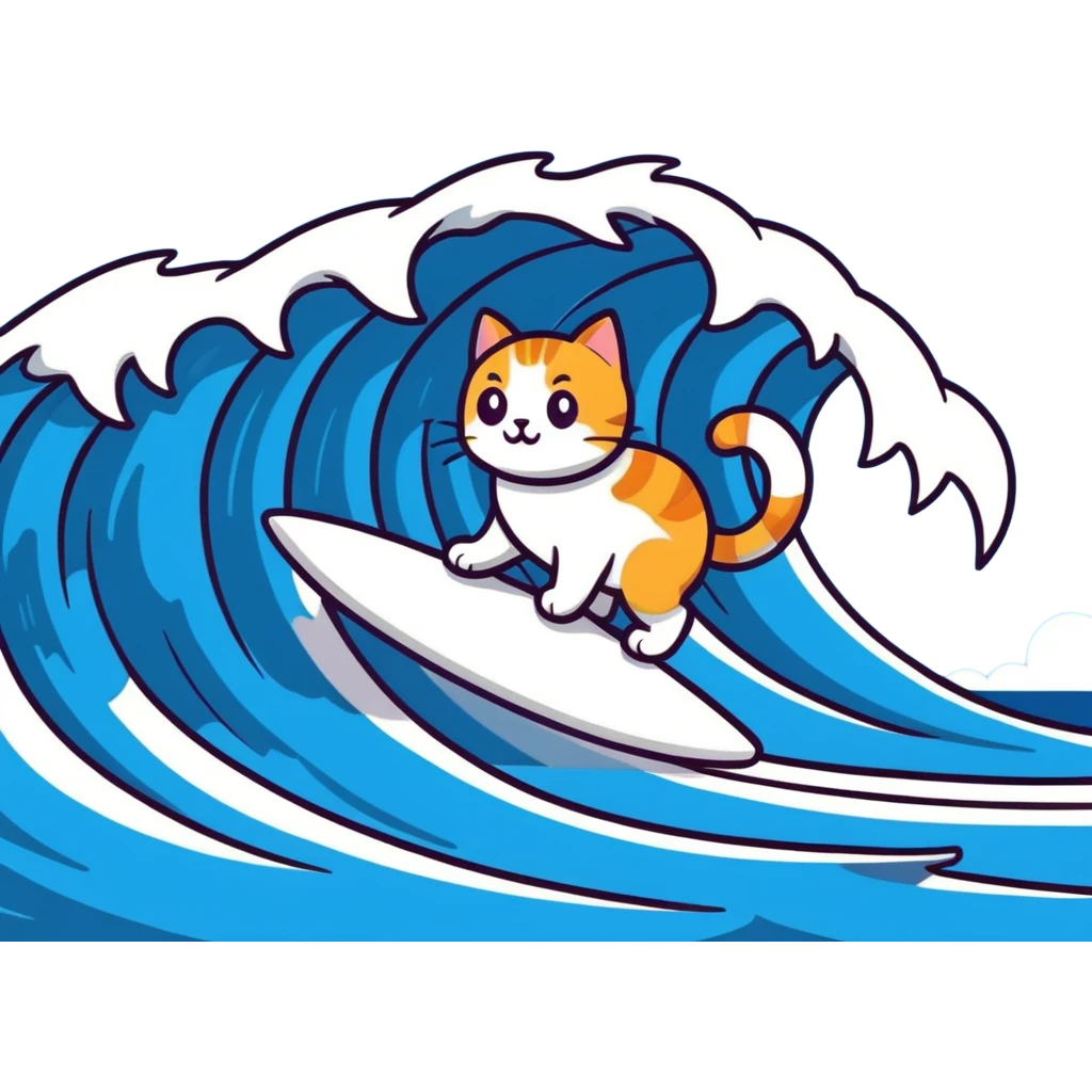 cat on a sideboard surfing a massive wave emoji