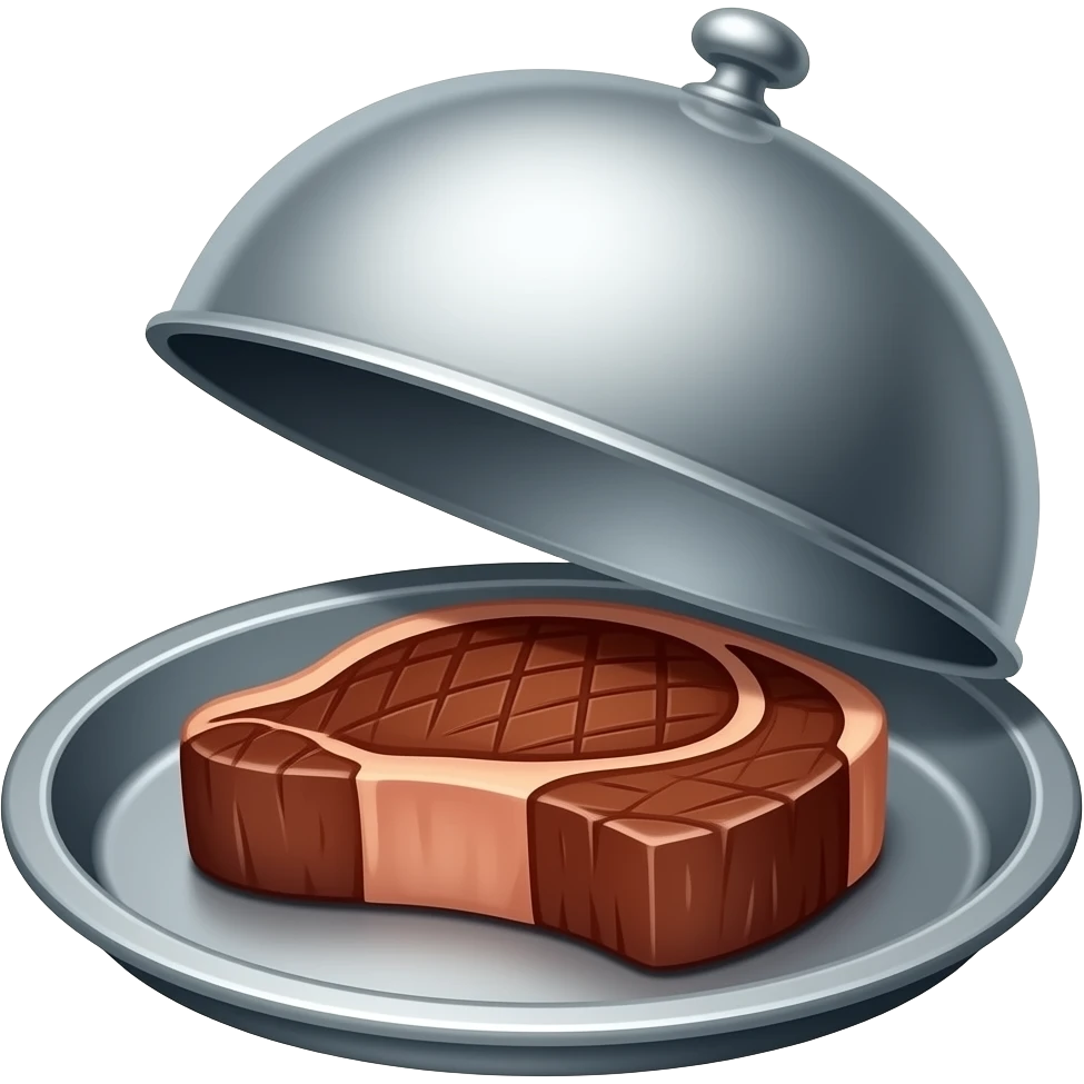 plain waiter's silver serving tray with lid open with steak inside emoji