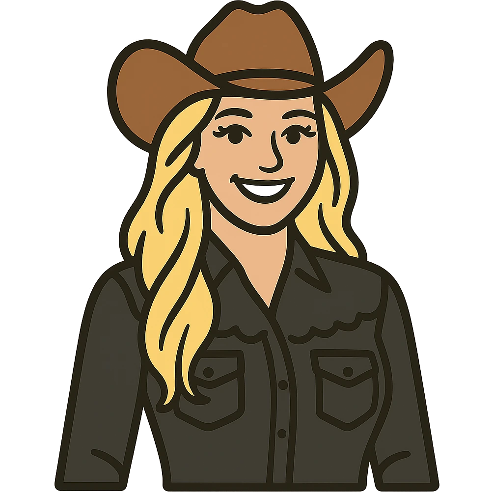 Make the cowgirl's skin lighter, hair lighter blonde, give her rounder cheeks, a big smile, longer eyelashes, and a black lace shirt. Keep the background transparent. emoji