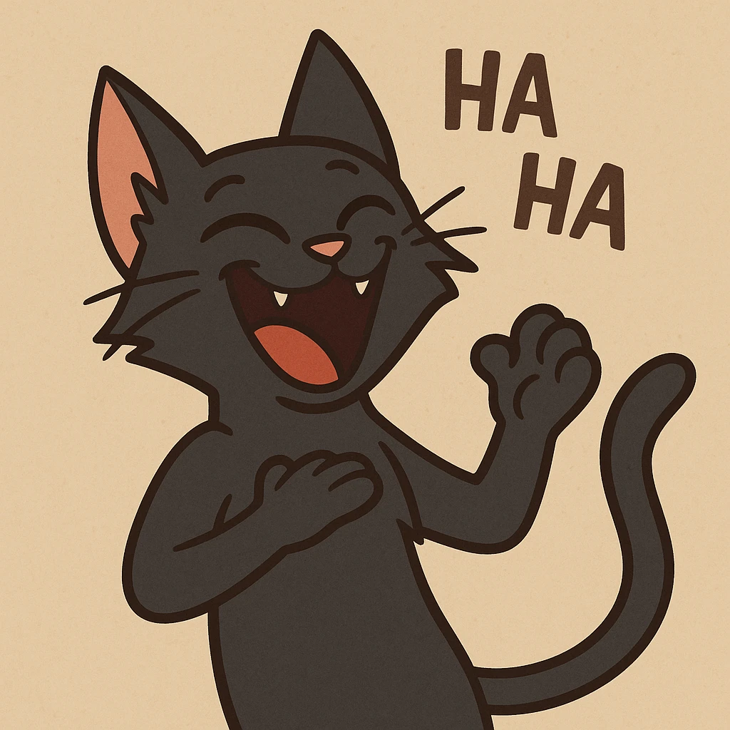 a black cat laughing, whimsical style emoji