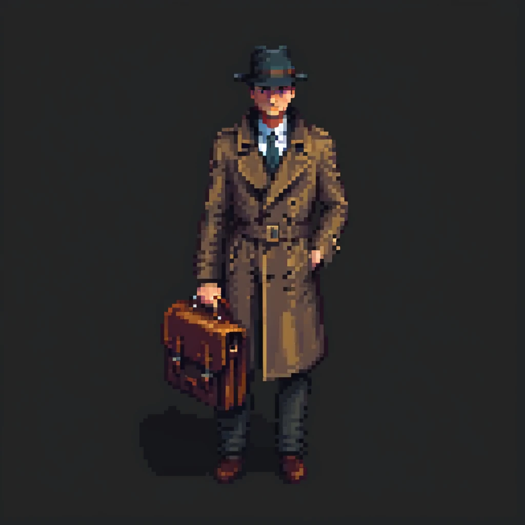 Mossad spy in trench coat and fedora, holding a briefcase, shadowy look, pixel art style, simple background emoji