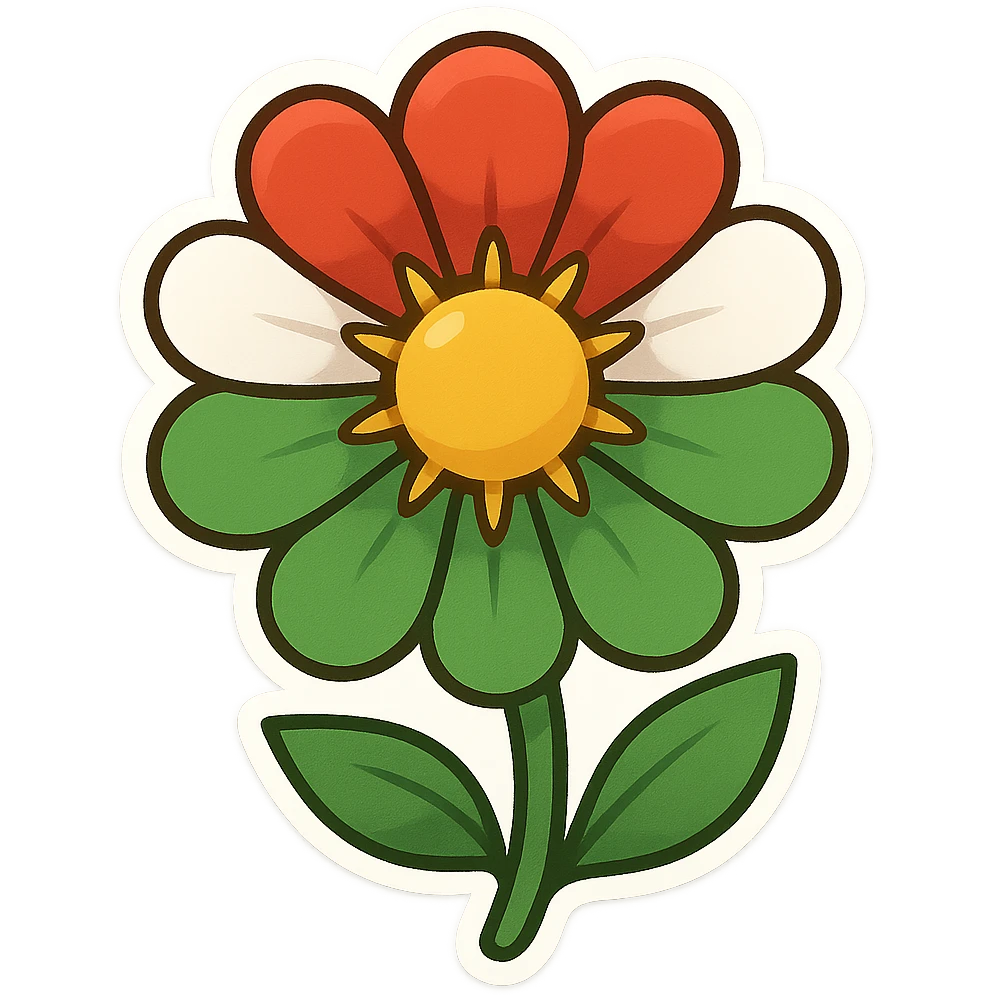 cartoon sticker of a flower with petals colored like the Kurdistan flag (red, white, green, and a yellow sun in the center), colorful and cheerful, no text, suitable for WhatsApp and Instagram, transparent background emoji