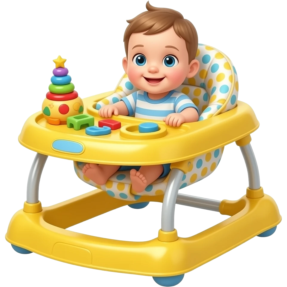 yellow baby walker with baby and toys on it emoji