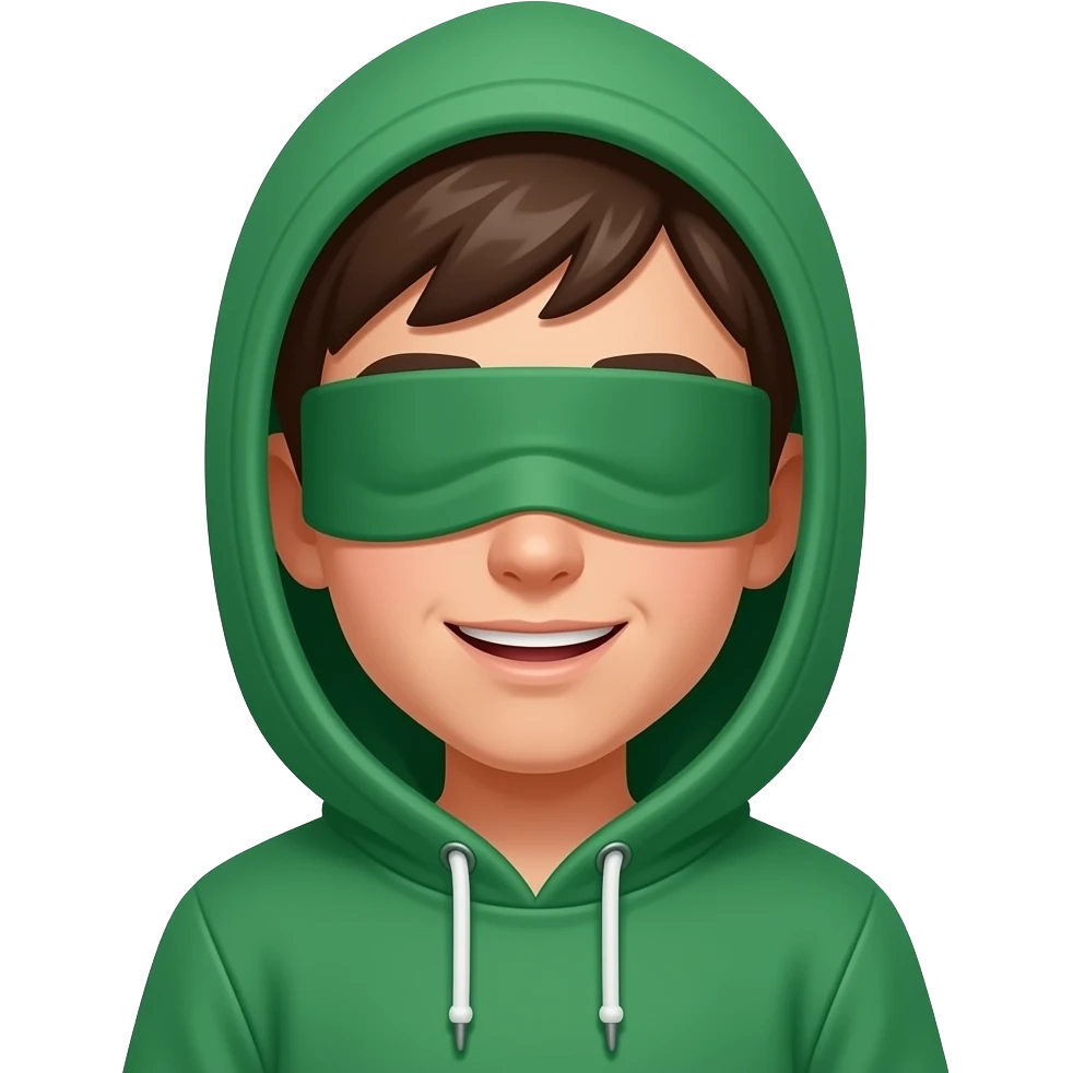 A boy with a green hoodie. Make the boy face to the right and to cover his head, eyes, and nose and the boys mouth shows. Cover his eyes and nose emoji