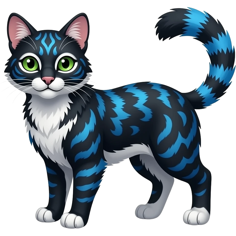 Colorful dark tropical  gradiented cobalt-blue, black, white fur, with green eyes, iridescent glorious divine exotic cute cool beautiful shiny beautiful fantasy-caracal-civet-genet-sergal-vernid-Cacomistle-Furret-civet-oncilla-animal-Fakémon-hybrid-fursona with pattern markings (full body) emoji