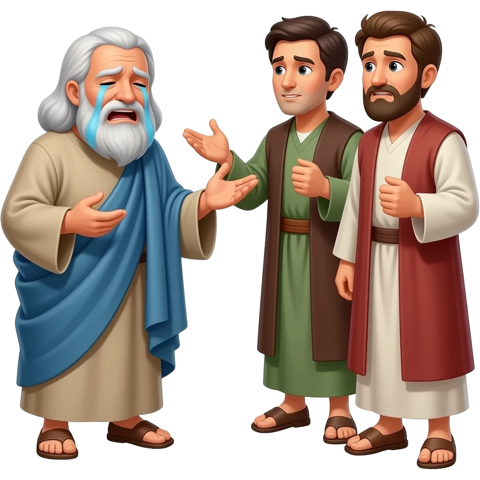 An old man wearing draped clothing from biblical times, crying and arguing with 3 men emoji