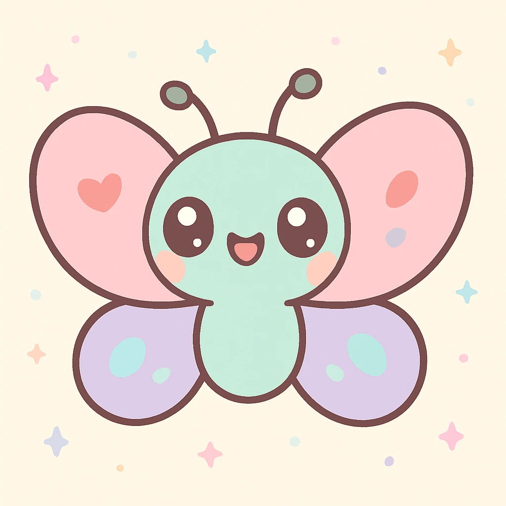 a butterfly in kawaii style with big eyes, pastel colors, and adorable expression emoji