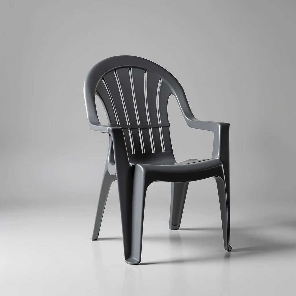 classic molded plastic lawn chair with arched top rail, five vertical back slats, rounded armrests, four tubular legs, floating above a smooth studio floor, minimalistic style, modern product photo style emoji