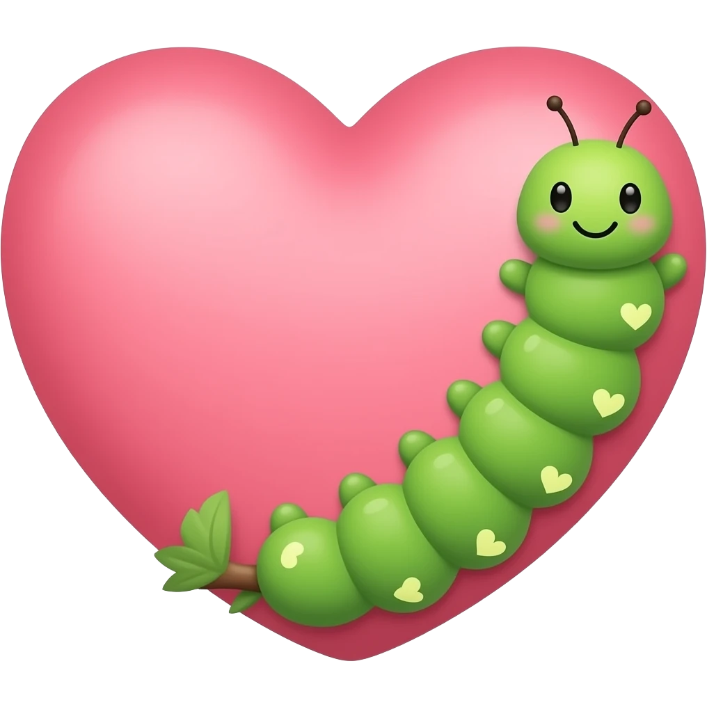 Smaller Adorable green itty bitty tiny little catipillar with tiny hearts on each body sectioncrawling up the side of a big muted pink colored heart emoji