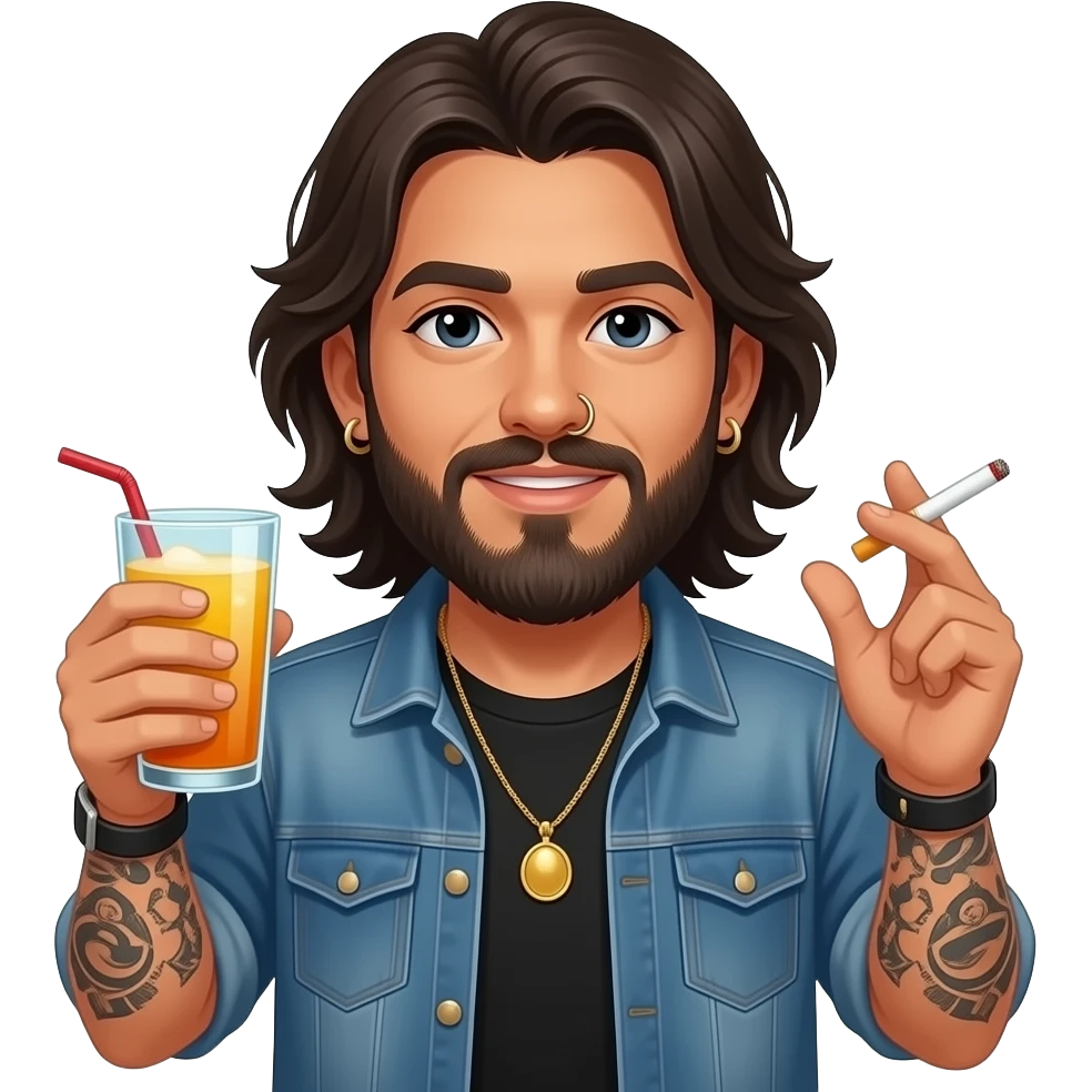 The handsome Latino podcast host with medium length hair, a long beard and tattoos with his ears pierced and a nose ring on the right side, partying with drinks and cigarettes emoji
