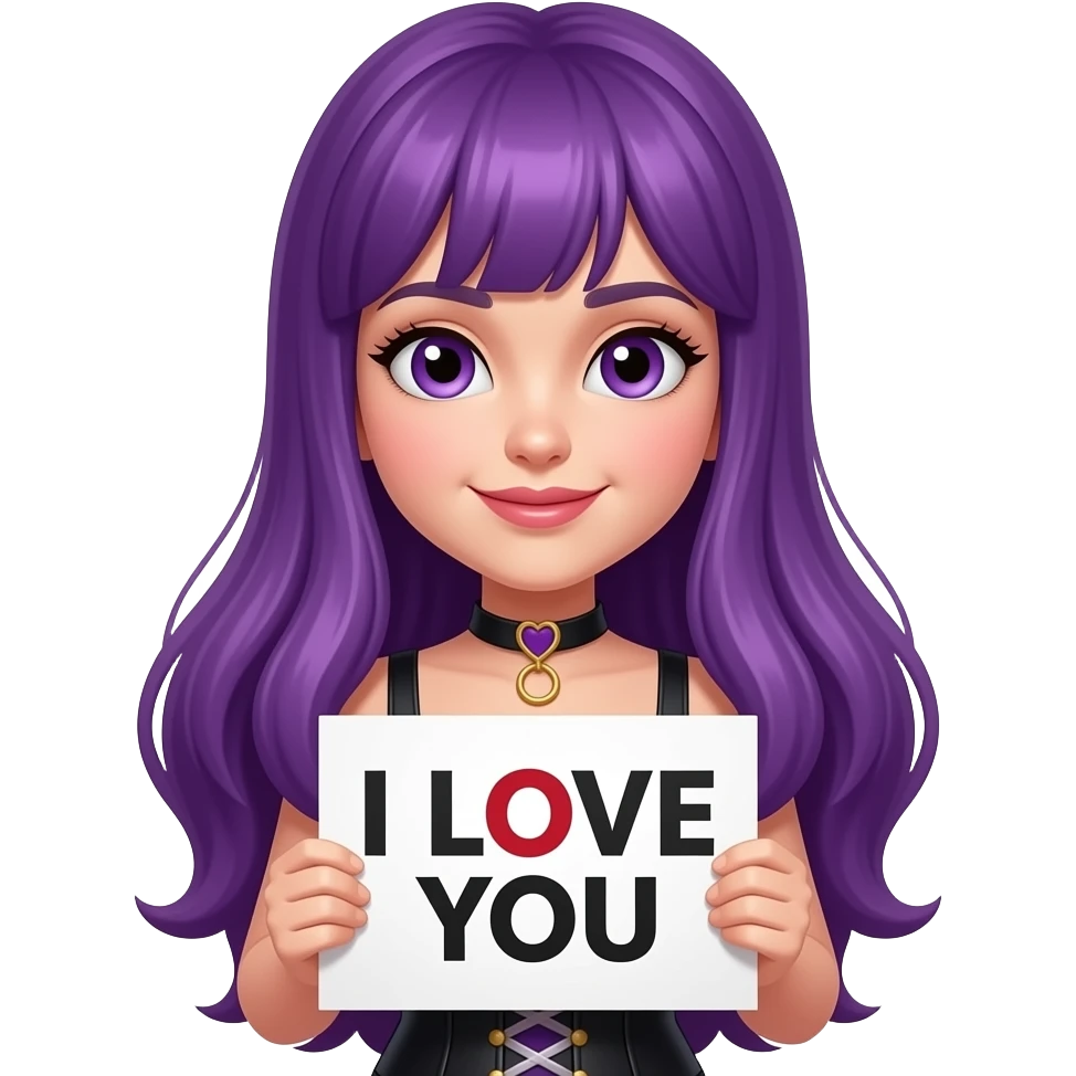 girl with long purple hair wearing a sexy costume holding a I LOVE YOU sign emoji