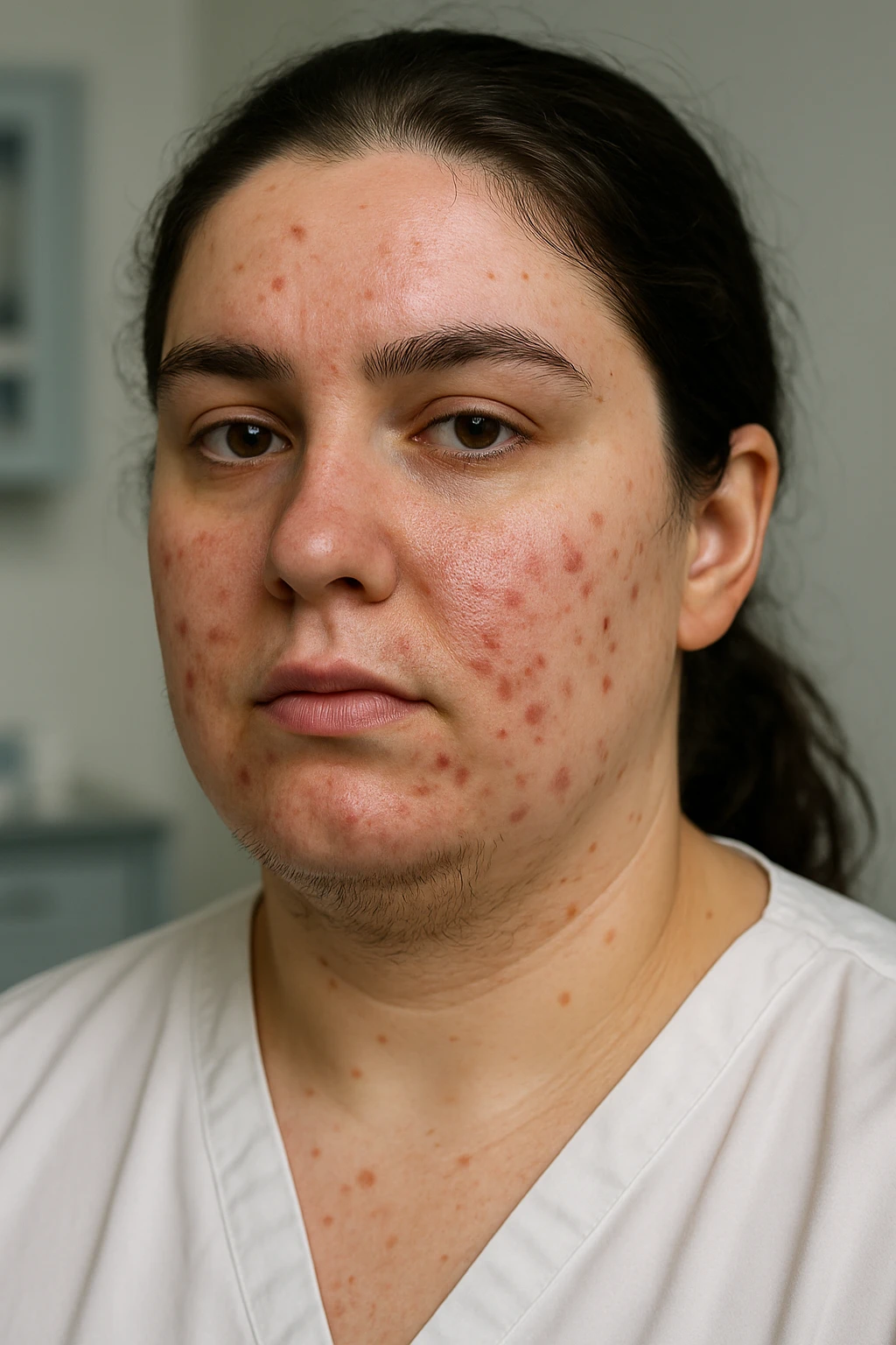 very realistic 3D medical portrait of a woman with PCOS, acne and hair under chin, clinical details, professional atmosphere, aspect ratio 2:3 emoji