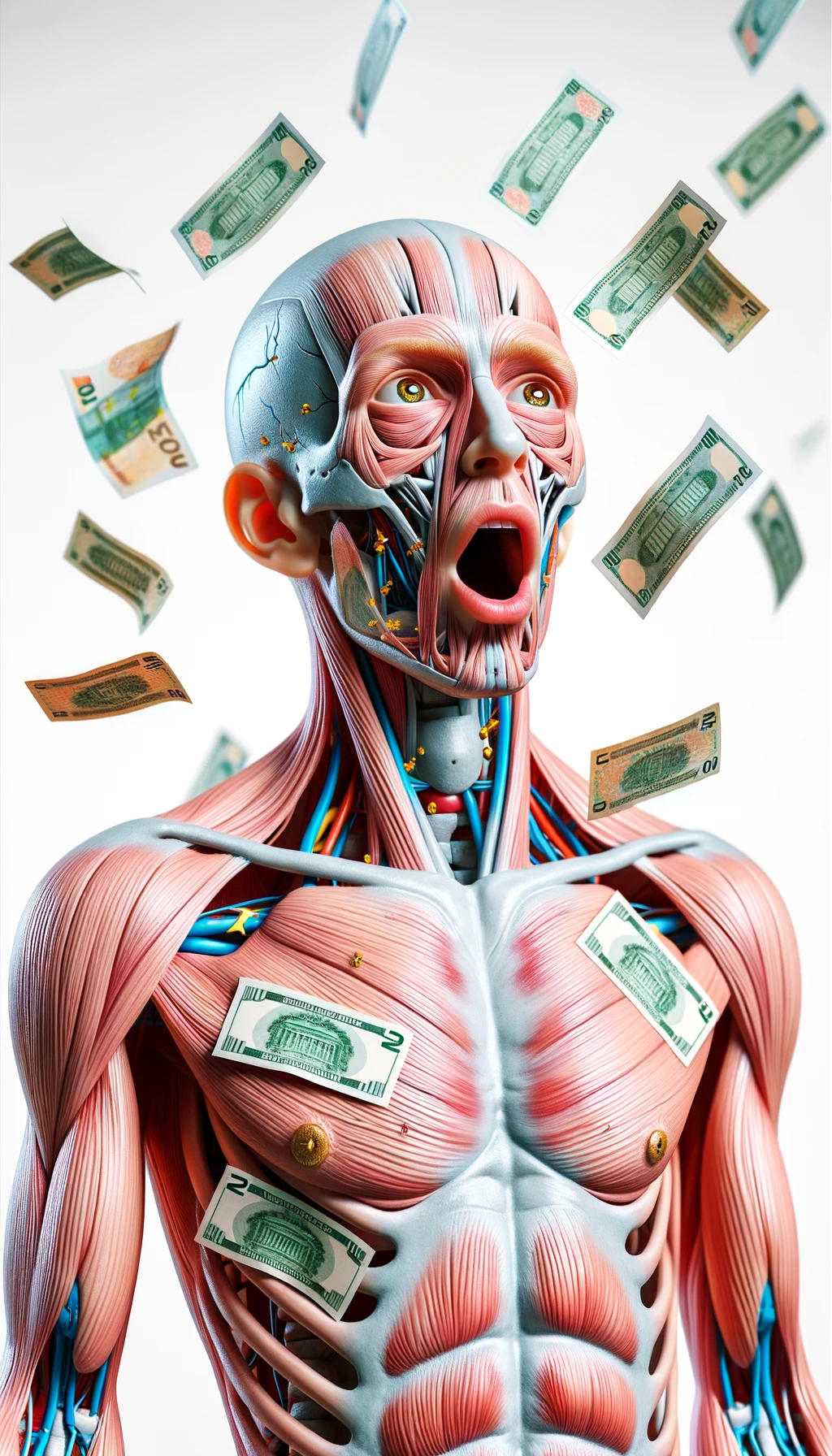 corpo umano anatomico sereno e felice con banconote sparse appiccicate sul corpo, colori realistici del corpo, espressione stupita, iperrealistica 4k, isolato su sfondo bianco emoji