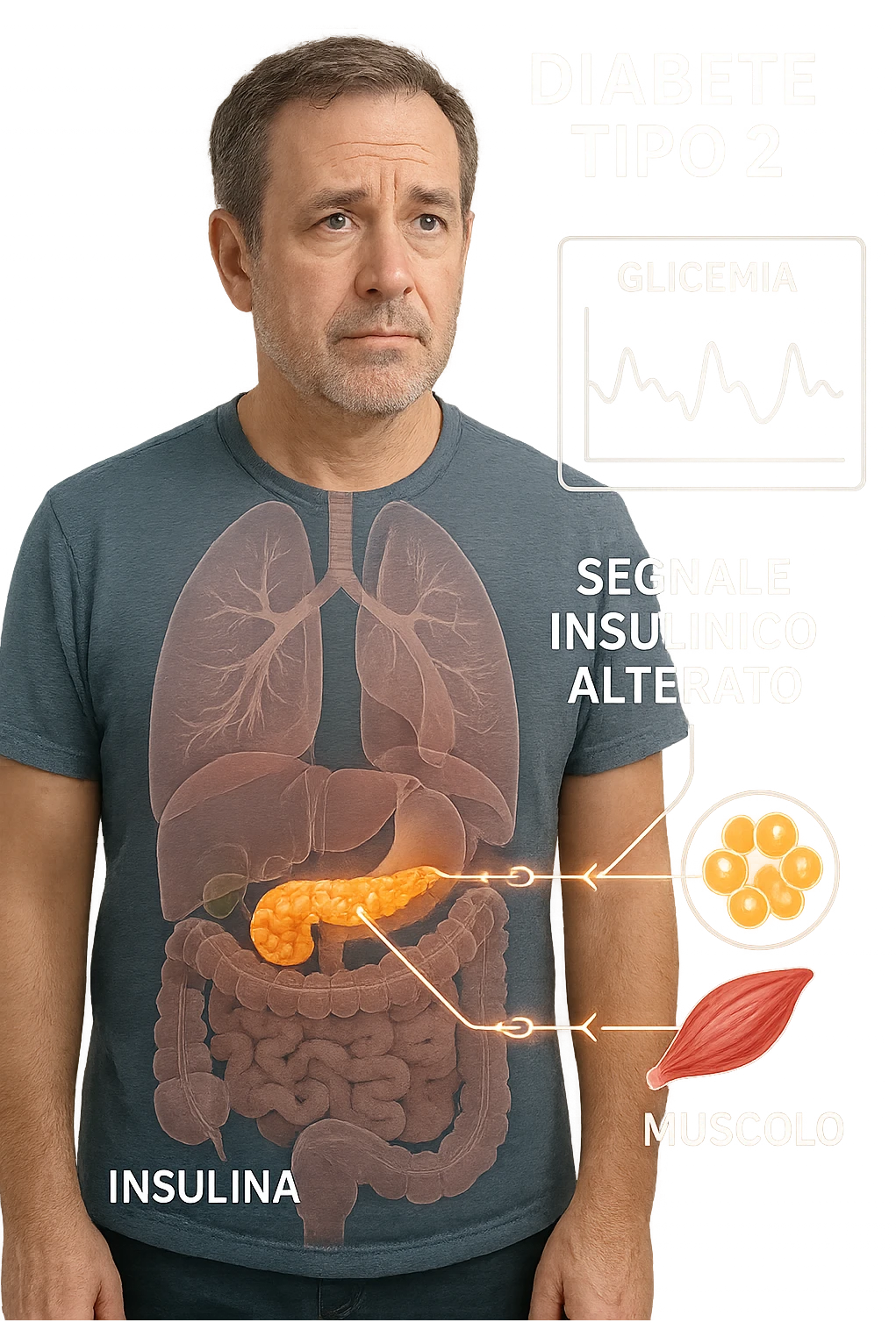 a middle-aged man stands in a clinical setting, with a semi-transparent overlay showing his internal organs. His pancreas is highlighted, and glowing lines or icons indicate disrupted insulin signaling between the pancreas and muscle or fat cells. The man’s expression is slightly concerned, and a digital chart beside him displays fluctuating blood sugar levels. The lighting is realistic, with a clean, modern medical background. scritte in italiano emoji