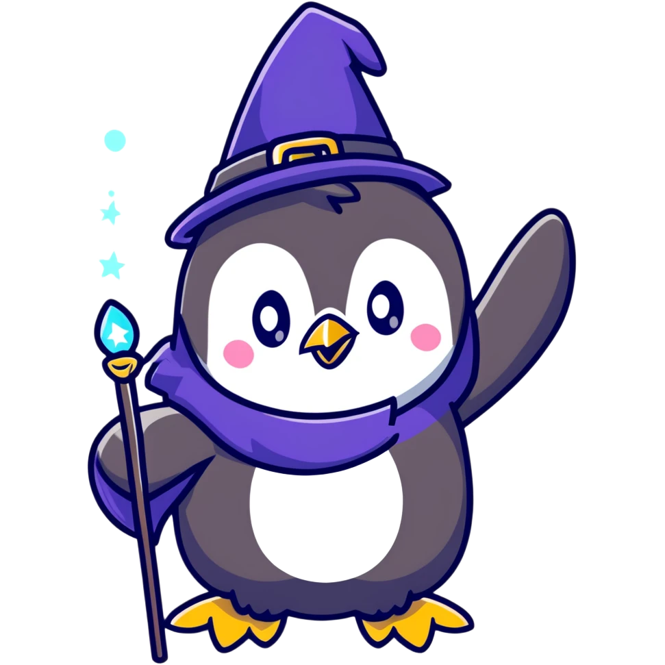 Cute penguin wizard casting spell with sparkling magic emoji