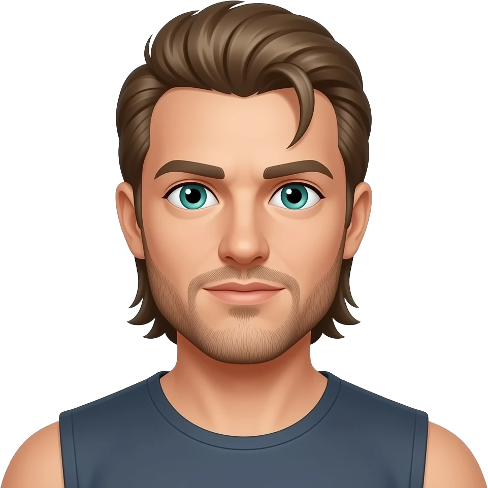 Mullet with side flares, wide shoulders. hazel blue green eyes, some grays with mostly hazel hair, 5 o’clock shade beard emoji