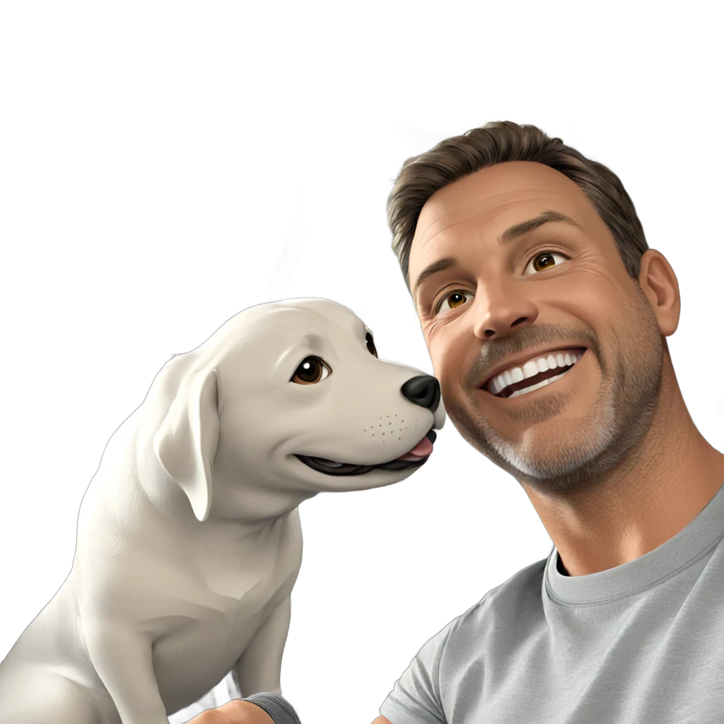 smiling boy with dog indoors emoji