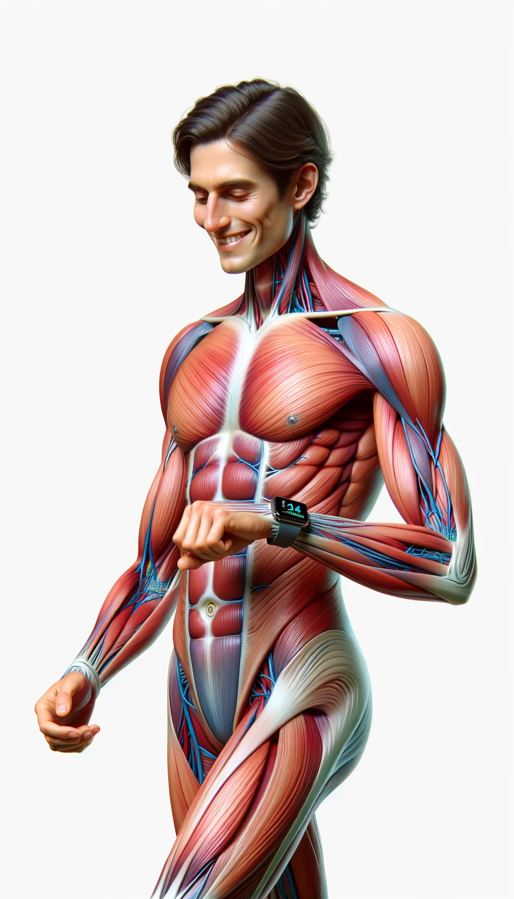 corpo umano anatomico sereno e felice che cammina mentre osserva il suo orologio contapassi, colori realistici del corpo, espressione soddisfatta, iperrealistica 4k, isolato su sfondo bianco emoji