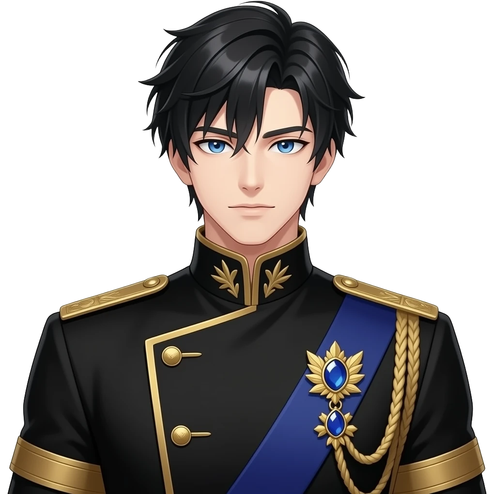 handsome anime noble who's muscular, jet black layered hair, piercing ocean-blue eyes, pale skin, and sharp aristocratic features, wearing a black and deep navy high-collared military-style uniform with gold embroidery, gold-trimmed cuffs, and a gold epaulette with a blue gemstone brooch emoji