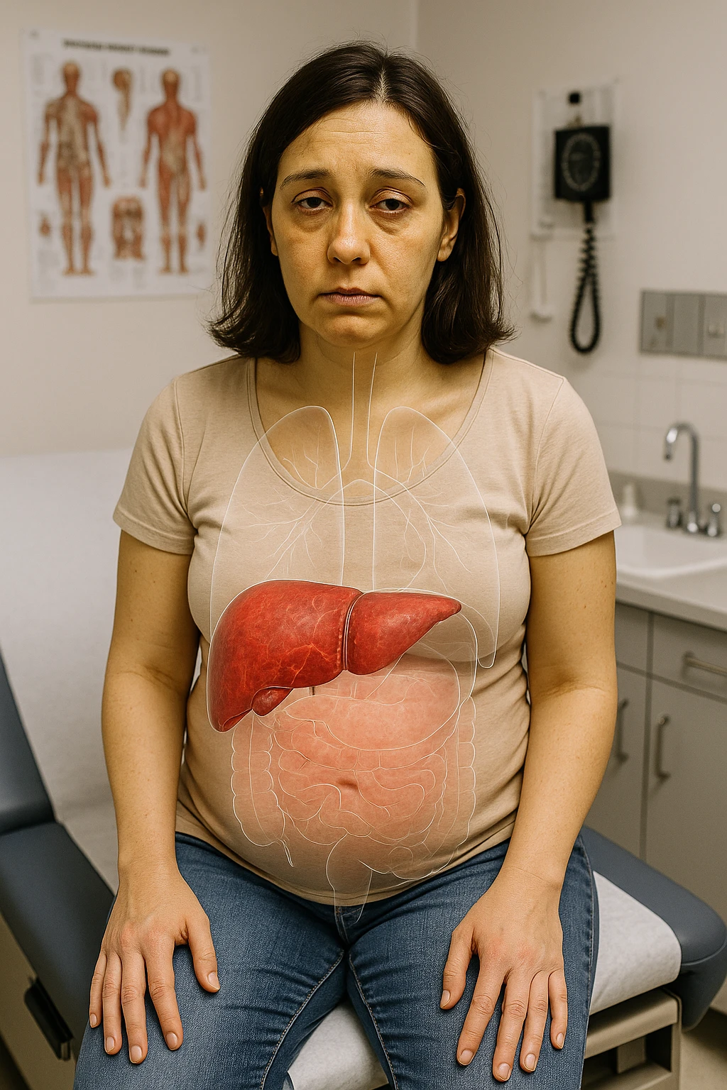 a woman in her 30s sits on a doctor’s examination table, her skin slightly yellowish (jaundice) and her expression tired. A transparent anatomical overlay highlights her liver, which appears enlarged and inflamed with a reddish, congested look. Subtle visual cues—such as dark circles under her eyes and a bloated abdomen—emphasize the symptoms of liver overload and toxicity. The background is a clinical setting, with medical charts and equipment. emoji