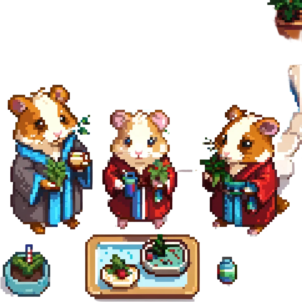 pixel art scene of a hamster cult celebrating with THC weed at a pool party, cheese platters included, vibrant and playful emoji