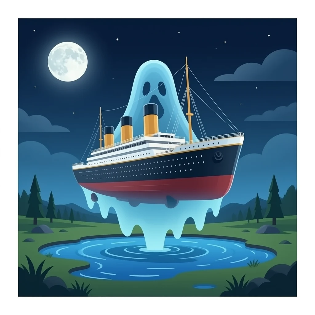 The ghost ship Titanic flies above a shallow puddle of water - horizontally emoji