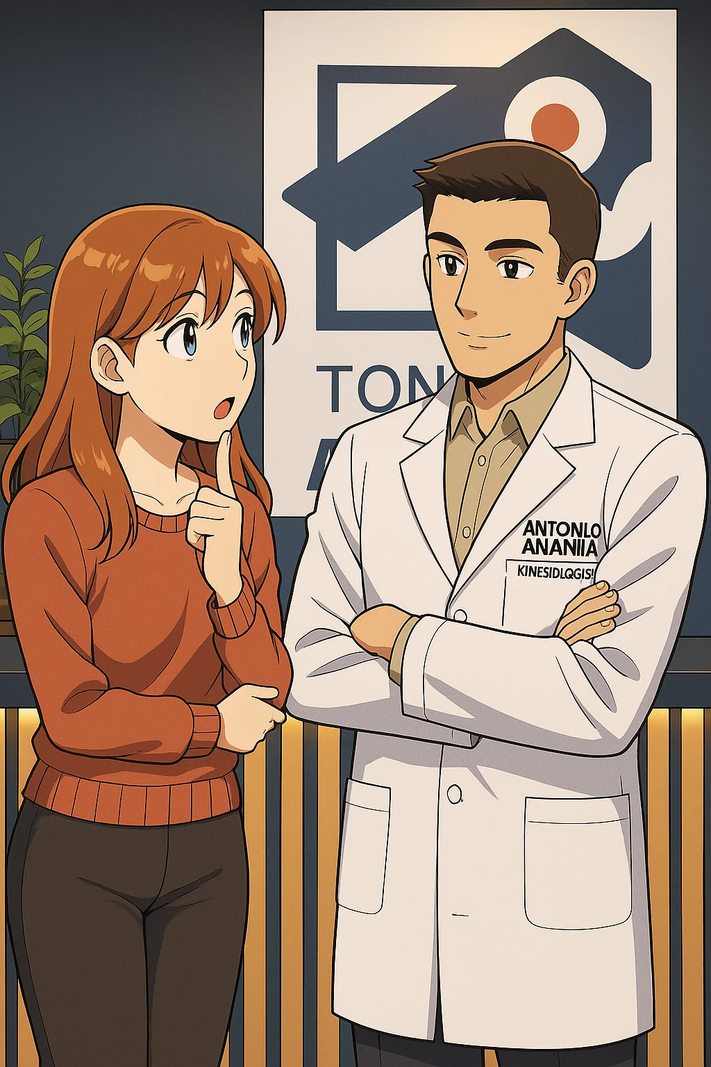su questo stile fai un manga/webtoon a colori in cui una donna incuriosita fa una DOMANDA ALL'UOMO, l'uomo della foto in stile manga LE risponde, mantieni un ambiente simile alla foto che ho allegato con il suo logo (sarebbe il suo studio, lui è un kinesiologo), scrivigli "ANTONIO ANANIA" sul camice bianco, non mettere fumetti, ma fai in modo che sembri che la donna CHIEDA curiosa E L'UOMO le risponda emoji