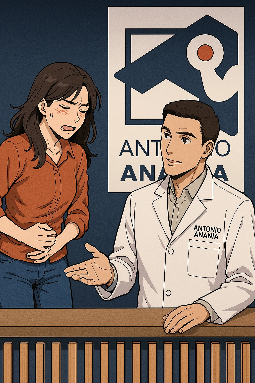 su questo stile fai un manga/webtoon a colori in cui una donna si lamenta che sta male e ha mal di pancia, l'uomo della foto in stile manga gli risponde, mantieni un ambiente simile alla foto che ho allegato con il suo logo (sarebbe il suo studio, lui è un kinesiologo), scrivigli "ANTONIO ANANIA" sul camice bianco, non mettere fumetti, ma fai in modo che sembri che la donna chiede una cosa e l'uomo risponde alla sua domanda emoji
