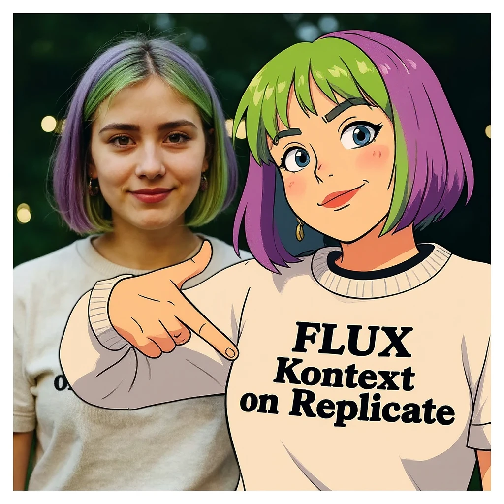 make a image of a girl with a anime version of that girl beside her wearing tshirt with text of FLUX Kontext emoji