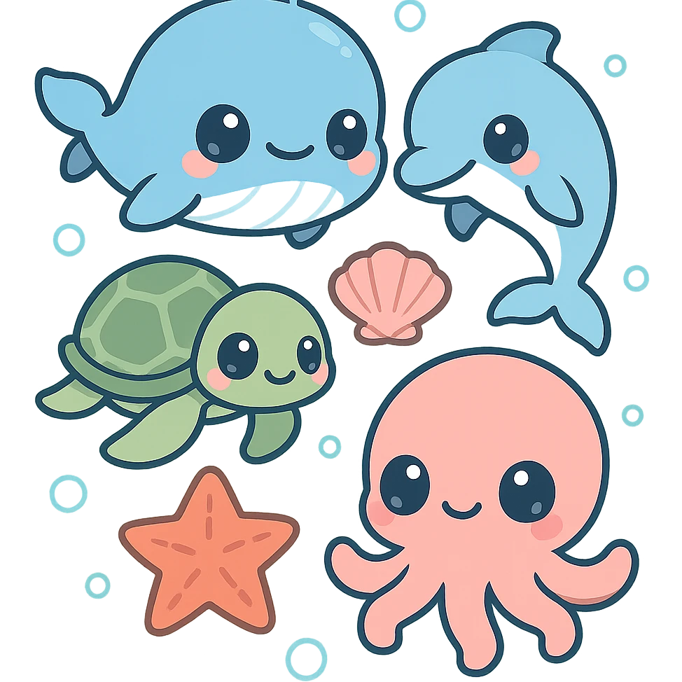 super kawaii soft pastel summer sea theme featuring cute chibi baby whale, dolphin, sea turtle, octopus, starfish, and seashells with floating bubbles, gentle flat illustration style, soft gradient aqua blue background, big sparkling eyes, minimal clean layout, soft shadows, high quality, PNG, transparent background, 9:16 aspect ratio emoji
