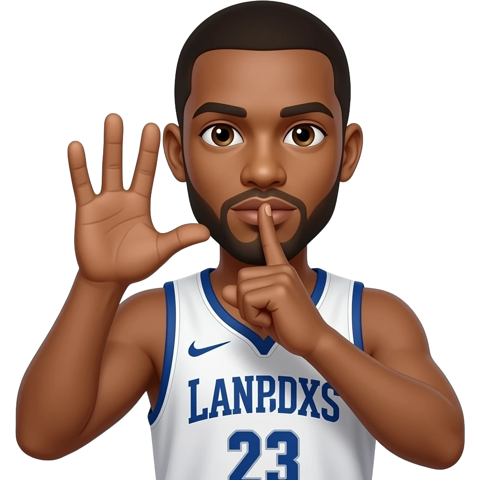 Make the mans skin light brown and a basketball player with his first and second fingers held up to his right ear and his thumb held on his lips like a phone emoji