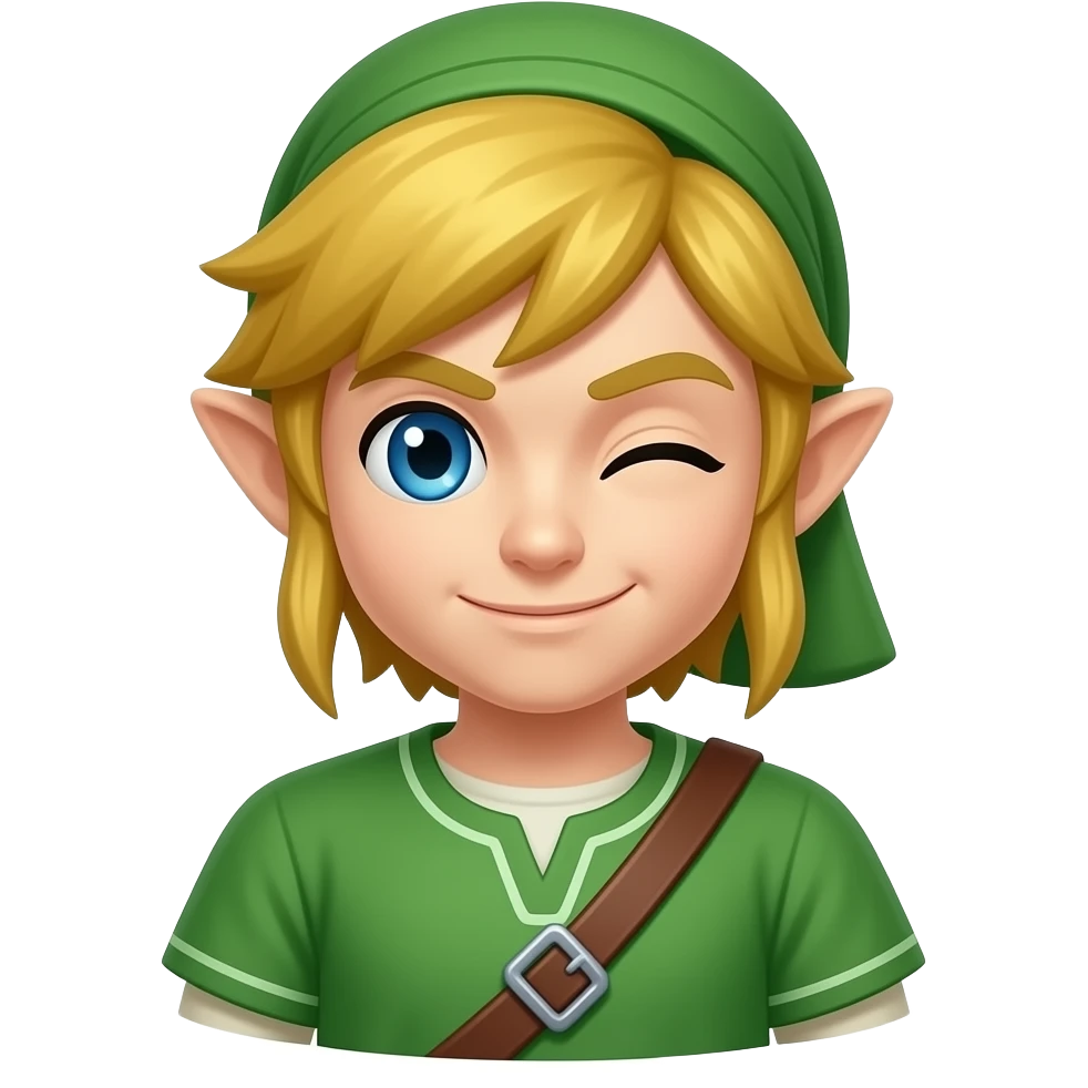 Link aus Breath of the Wild, zwinkern  linkes Auge, grüne kleidung, mit typischer mütze emoji