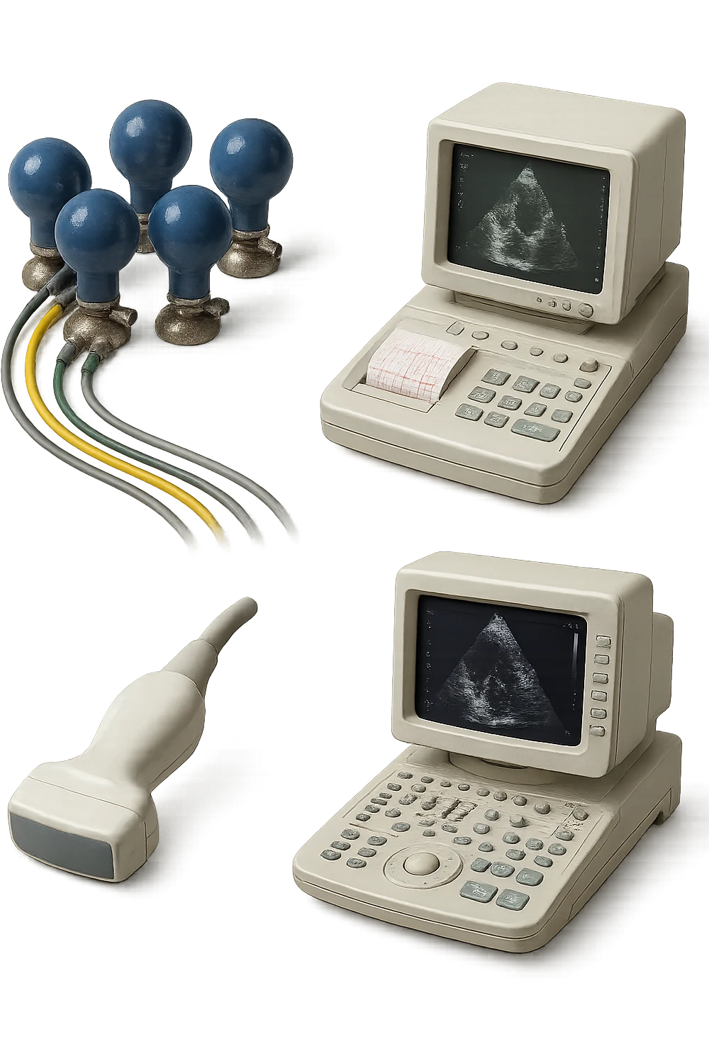 STRUMENTI MEDICI PER FARE ECG e ecocardio, iperrealistico 4k, isolato su sfondo bianco emoji