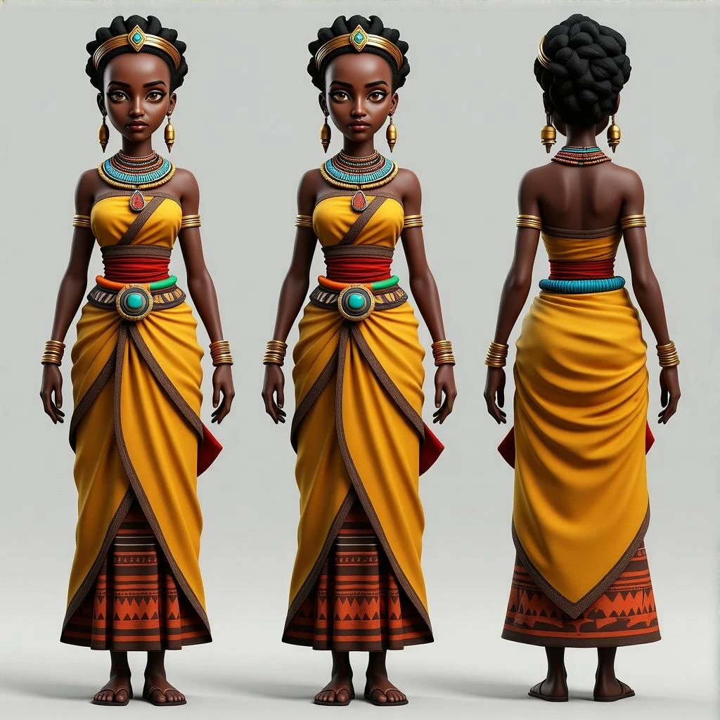 Create me a Stylized 3D Character Art of an beautiful Ethiopian Queen wearing traditional modern Ethiopian Habesha dress for a Strategy Game. Make it have a balance of realism and caricature. Make the image a portrait size  emoji