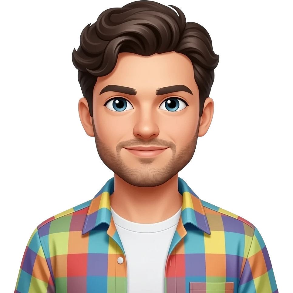 young adult man with light skin, short beard, dark wavy hair, smug expression, colorful open shirt and white t-shirt emoji