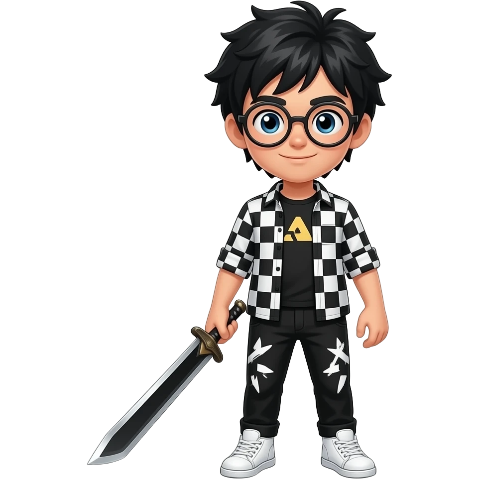 Roblox‑style boy with messy black hair, black circular Chrome Hearts glasses, black‑and‑white checkered overshirt, black shirt, black pants with white graphics, white shoes, holding a black‑and‑white sword, confident expression, optional text “NAH, I’D AURA FARM”. emoji