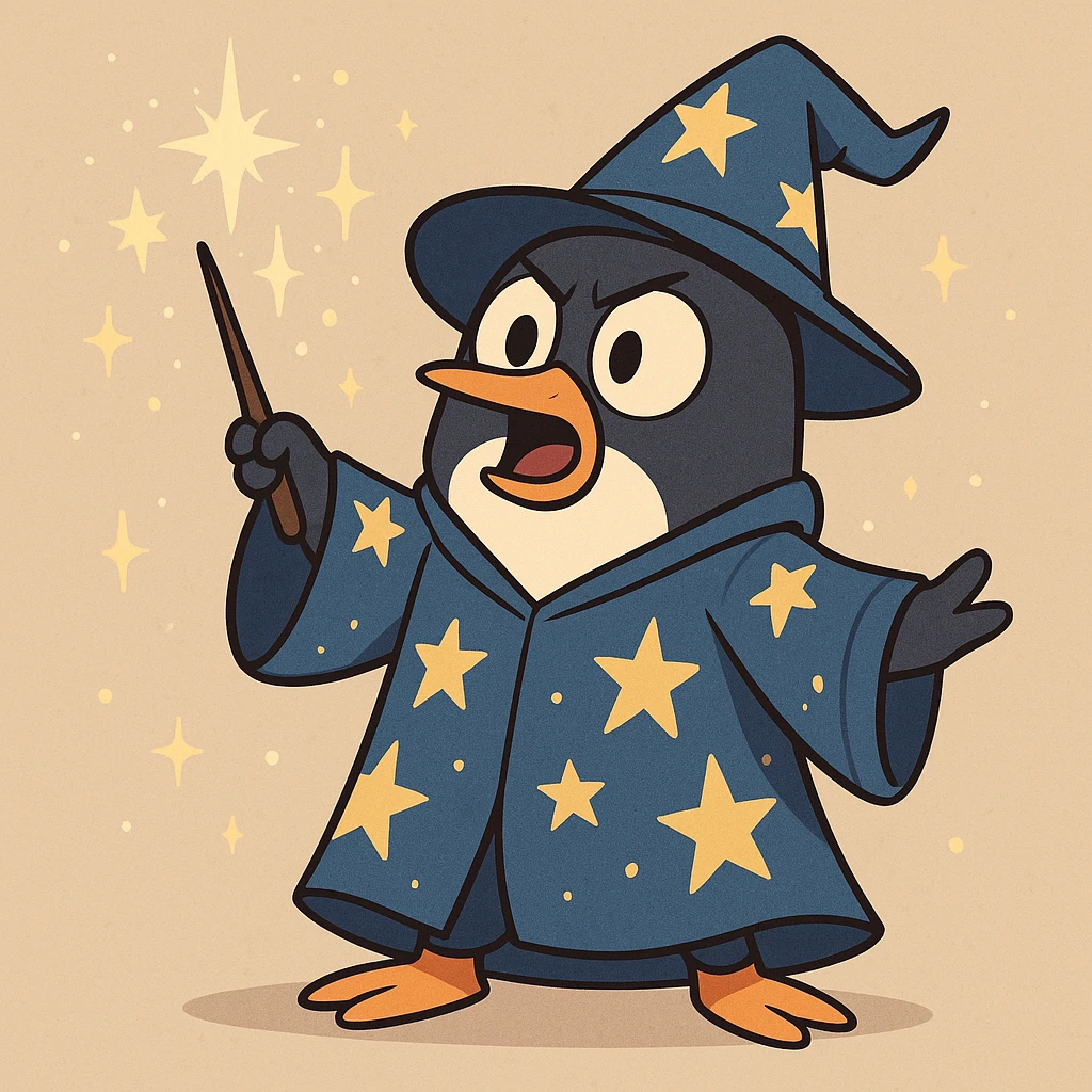 cartoon style penguin wizard with a starry robe, casting a spell, magical sparkles around emoji