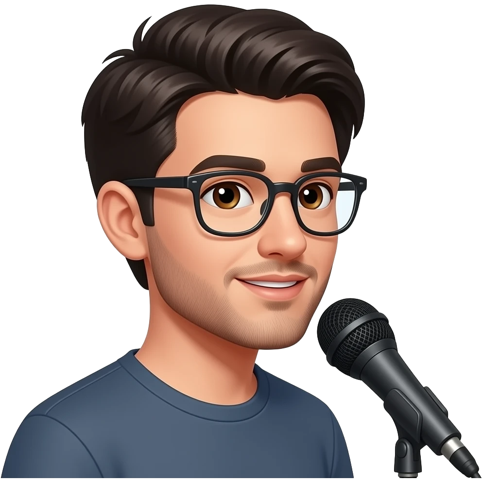 Парень, темноволосый, с карими глазами, в очках, с короткой бородой, которая проходит вдоль линии подбородка и соединяется в маленькую полоску под нижней губой и короткими усами но они не соеденены с бородой, щёки выбриты, со средней длиной волос , стоит в профиль и говорит что-то в микрофон emoji