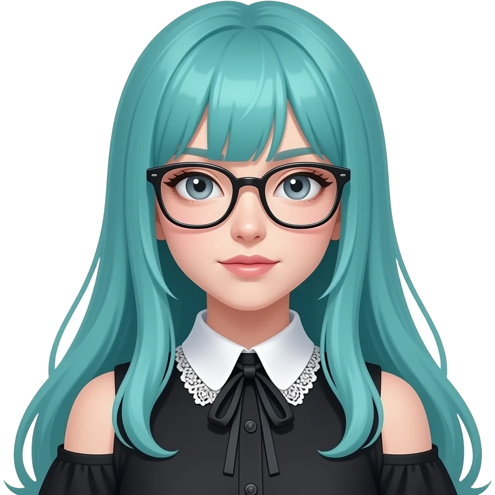 girl, thinking, glasses, long flowing teal hair, grey eyes, black shoulder cyberpunk blouse with fancy white collar emoji