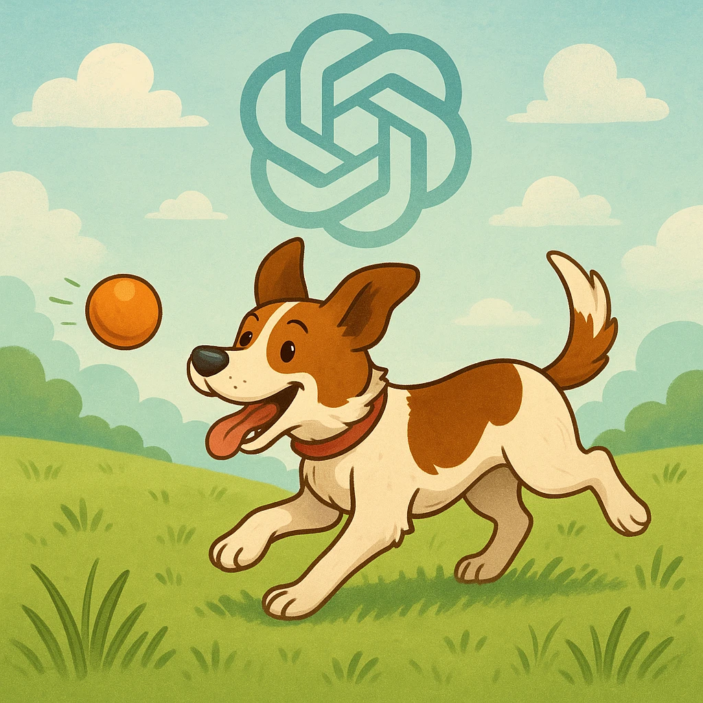 gpt image logo on the background of a dog chasing ball emoji