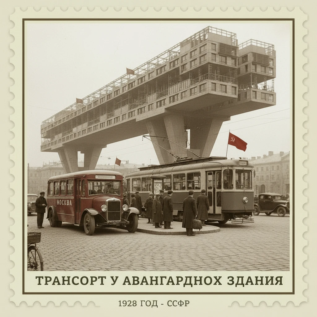 Автобус и трамвай у остановки, которая рядом с горизонтальным небоскребом Эля Лисицкого. СССР 1920 годы

Стилизуй изображение под марку как на фото emoji