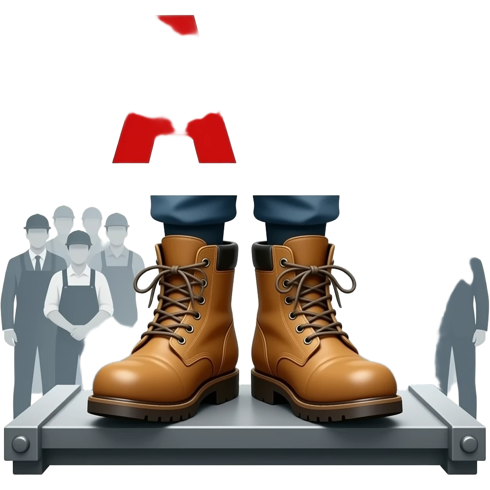 Political propaganda art, Spanish 1930s style, close-up of a worker's boots on factory machinery, huge crowd of striking workers behind, geometric shapes, high contrast, bold text saying 'VAGA' (optional text element, can be implied). emoji